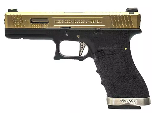 Пистолет WE GLOCK-17 G-Force металл слайд, черная рамка, золоченый слайд, шахта, Titanium Version WE - фото 34855